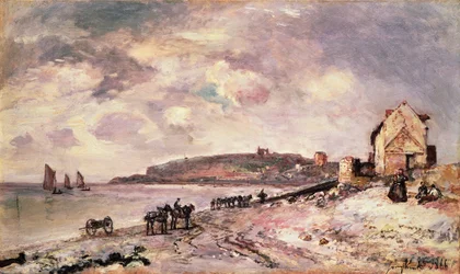 Paesaggio marino con pony sulla spiaggia